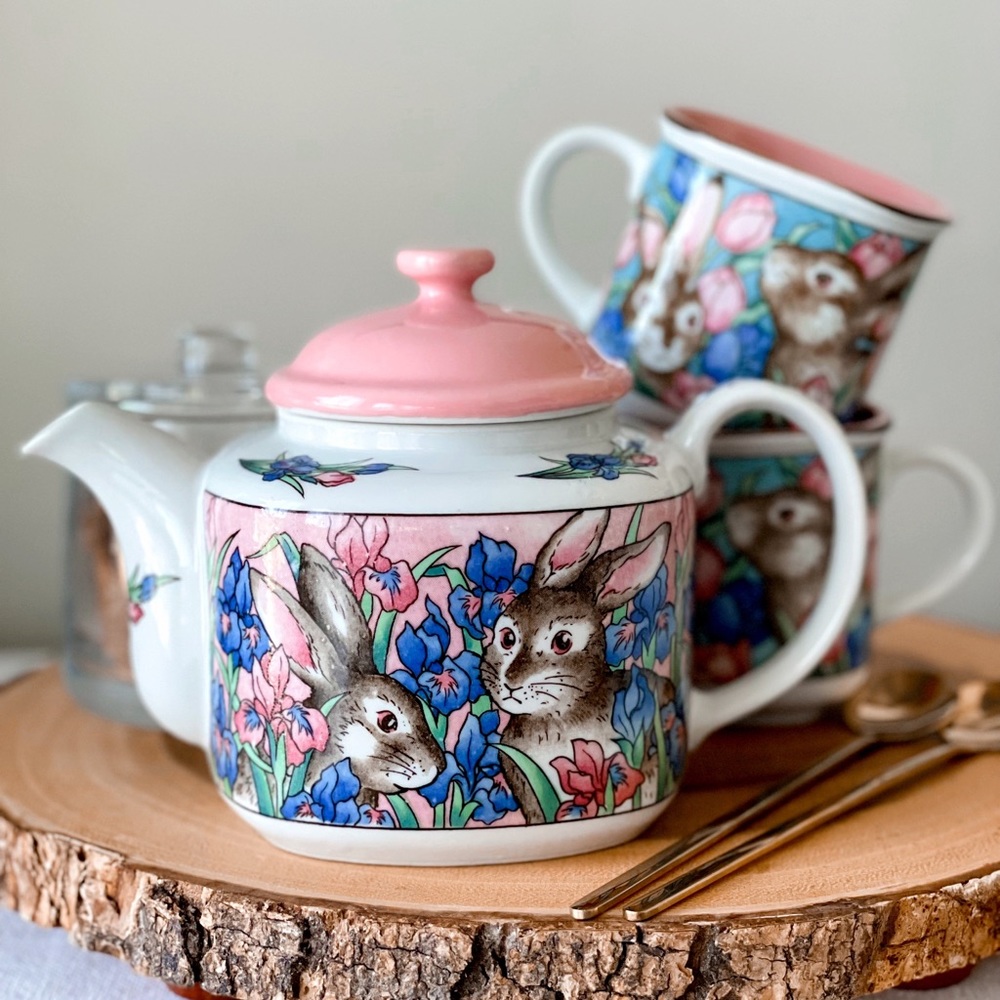 Vintage Takahashi Japan Ceramic Teapot Set – Hand Painted Bunny & Floral